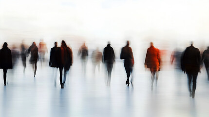 Blurred silhouettes of people walking in a crowd, conveying anonymity, urban life, motion, and the feeling of being lost in a sea of faces
