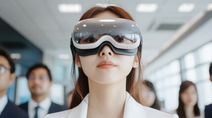 Woman Wearing Virtual Reality Glasses in Modern Office Environment