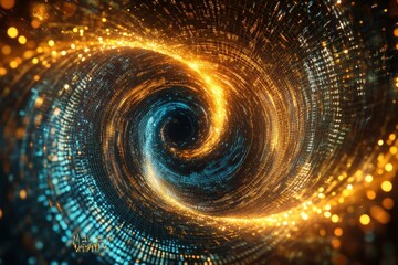 An abstract spiral of glowing data points, symbolizing global trade and finance.