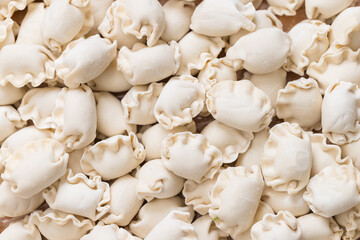 Uncooked Chinese dumplings with fresh meat filling