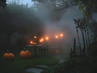 Enchanted Autumn Garden: A mysterious, candlelit table stands in a mystical autumn garden shrouded in fog, a sense of eerie wonder filling the air.