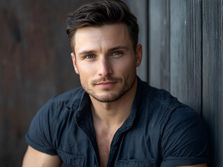Fototapeta premium Confident Gaze: A portrait of a handsome man with styled hair and blue eyes, showcasing a calm and confident expression. He's wearing a dark blue short-sleeved shirt.