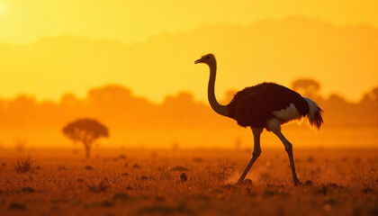 Ostrich stalking gracefully during sunset in a golden savannah landscape