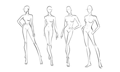 Sketch of the female body. Girl model. Front and back view. Female body template for drawing clothes. You can print and draw directly on the thumbnails. Fashion Illustration.
