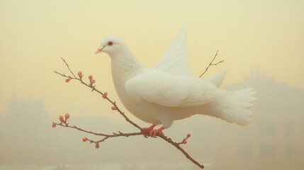 Fototapeta premium White dove perched, blooming branch, foggy city.