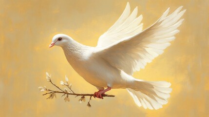 Fototapeta premium White dove, wings spread, perched on branch.