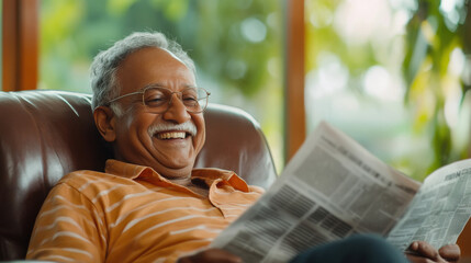 indian grandfather smiling sitting on leather armchair reading newspaper