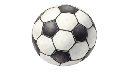 Classic soccer ball with a black and white hexagonal pattern, featuring realistic texture and detail, perfect for sports-themed designs and illustrations on transparent background PNG.