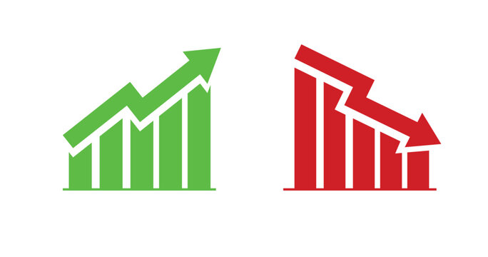 Graph going Up and Down sign with green and red arrows vector. Flat design vector illustration concept of sales bar chart symbol icon with arrow moving down and sales bar chart with arrow moving up.