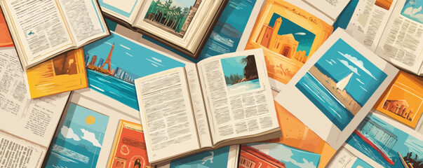 Vector art of open books featuring colorful beach and travel scenes.