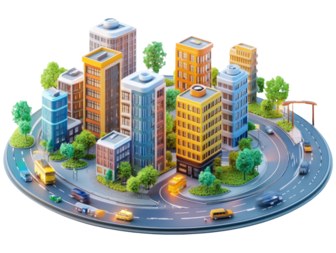 3D Minimalist City Infrastructure Model on Transparent Background for Presentation Use