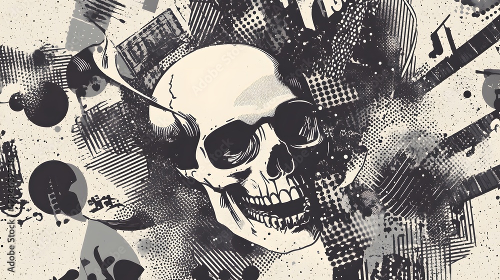 Poster Grungy Skull and Crossbones Abstract with Distressed Textures and Overlays