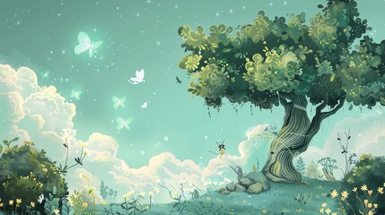 A cartoon-style illustration of a whimsical forest with glowing butterflies in the sky and a small creature climbing a tree.
