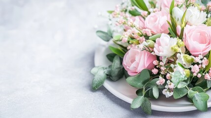 Delicate Pink Rose and Floral Arrangement on Plate
