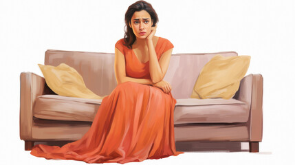 indian middle class young wife sad and angry sitting on sofa, modern colour attire, homely dress, white background