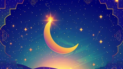 Naklejka premium **A vibrant flat design featuring a crescent moon and shining stars against a gradient night sky, with intricate geometric patterns framing the composition, symbolizing Ramadan Kareem.