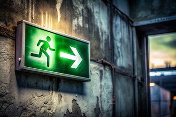 Emergency Exit Sign: Green Safety Evacuation Route, Running Man Symbol, Public Building Escape