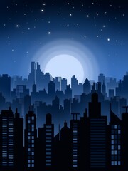 Obraz premium Cityscape at night. Silhouettes of buildings and skyscrapers with bright moonlight and stars at the background. Beautiful evening sky over a big city.