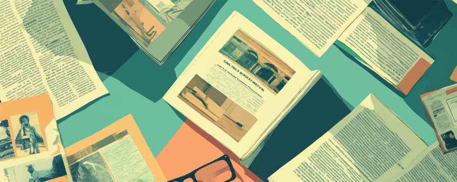 Vector art of open books and glasses on a flat surface.