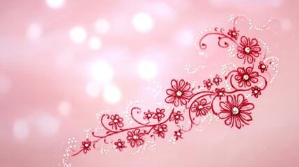 Delicate Red Floral Design with Sparkling Gems on Pink Background