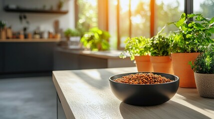 Modern minimalist dog feeding area featuring a stylish bowl with kibble