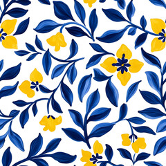 Blue and yellow tile hand drawn watercolor seamless pattern. Pattern of azulejos tiles