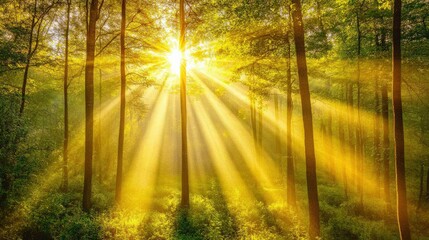 Obraz premium Golden sunlight shining through the branches of tall trees, highlighting the beauty of an untouched forest.