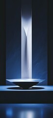 A podium with a sharp, geometric design, set in a dark room with soft blue lighting accentuating its features