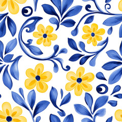 Blue and yellow tile hand drawn watercolor seamless pattern. Pattern of azulejos tiles