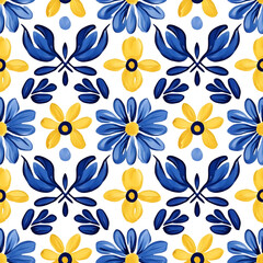 Fototapeta premium Blue and yellow tile hand drawn watercolor seamless pattern. Pattern of azulejos tiles
