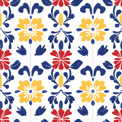 Blue and yellow tile hand drawn watercolor seamless pattern. Pattern of azulejos tiles