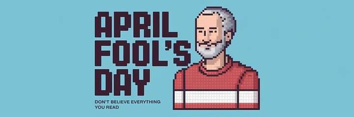 A creative minimalist April Fool's Day poster design with a pixel theme. The poster has a large text that says "April Fool's Day". 