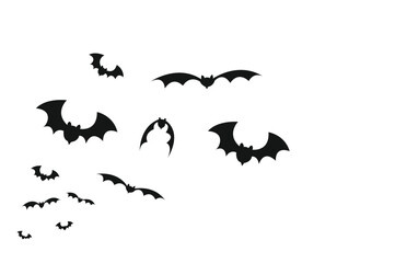 Group of horror black bats isolated on white vector Halloween background. Flying bat silhouette white traditional Halloween symbol.