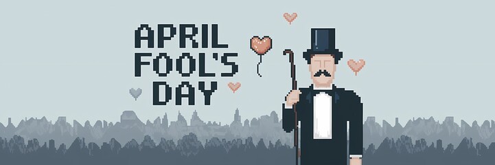 A creative minimalist April Fool's Day poster design in a pixel theme. There's a large text that says "April Fool's Day". Below it, there's a pixelated image of a man with a mustache and a top hat