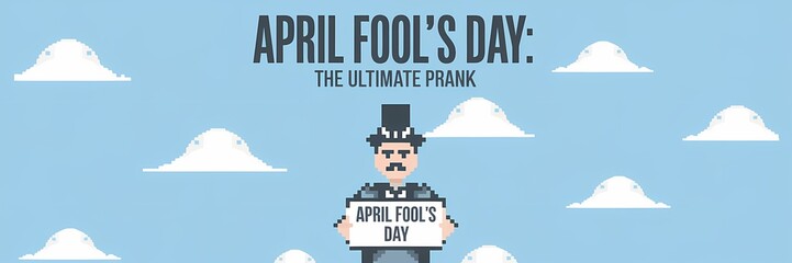 A minimalist April Fool's Day poster with a pixel theme. The poster contains the text "April Fool's Day: The Ultimate Prank" in large, bold letters. Below the text, a pixelated image of a man