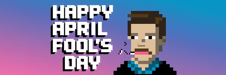 A creative minimalist April Fool's Day poster design with a pixel theme. The poster has a large text that says "Happy April Fool's Day". There is a pixelated image of a man with a toothache. 