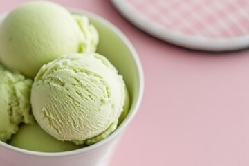 Pistachio ice cream scoops overflowing a small white bowl on pink background