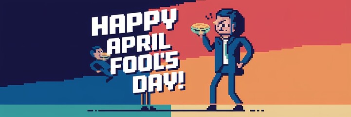 A minimalist April Fool's Day poster design with a pixel theme. The poster has a large text that says "Happy April Fool's Day!". There is a pixel-art person with a pie in their face