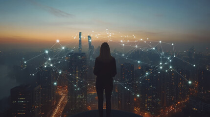 Abstract business woman stands on Smart digital Innovation city with connection network reciprocity over the twilight cityscape. of future wireless digital city and social media networking systems