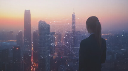 Abstract business woman stands on Smart digital Innovation city with connection network reciprocity over the twilight cityscape. of future wireless digital city and social media networking systems
