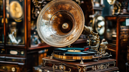 Vintage antique gramophone with elegant design and vinyl record
