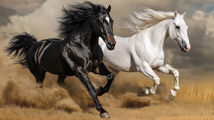 Stunning black and white horses running together through sunlit field