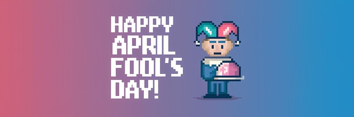 A pixel art illustration of a minimalist April Fool's Day poster design. There's a large text that says "Happy April Fool's Day!". Below the text, there's a fool wearing a jester hat 