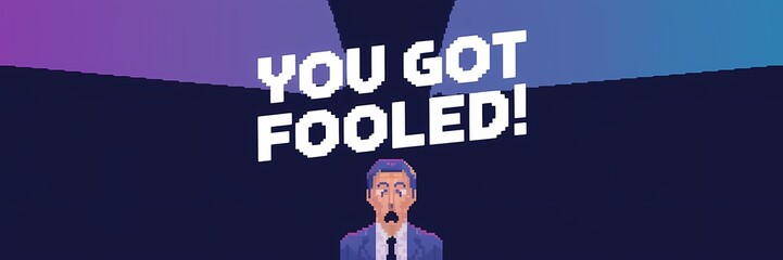 A minimalist pixel art April Fool's Day poster. There's a large text saying "You got Fooled!" in a playful, curved font. Below the text, there's a pixel art image of a man with a shocked expression. 