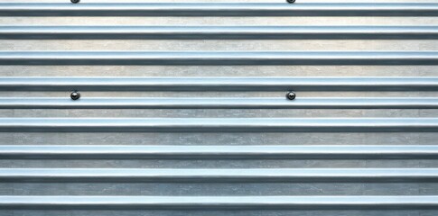 Wide shot, silver corrugated metal siding, visible bolts , reflective, shiny, building