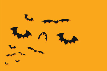 Group of horror black bats isolated on orange background vector. Halloween bat background. Flying bat silhouette traditional Halloween symbol.