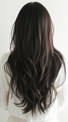 Fototapeta premium Long, dark brown hair, layered and textured, with soft waves, in the back view, styled at Starlight Hair Salon