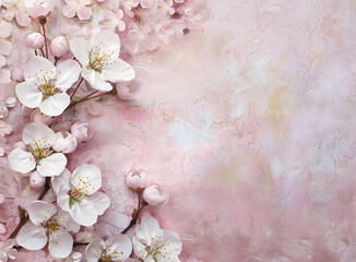 Delikatne kwiaty wiśni na pastelowym różowym tle.