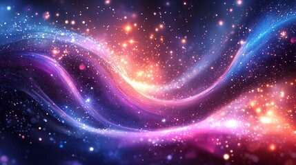 Abstract galactic swirl background with vibrant purples, blues, and shimmering star clusters 