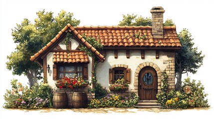 Charming Rustic Cottage Warmly Lit Detailed Illustration. AI Generated